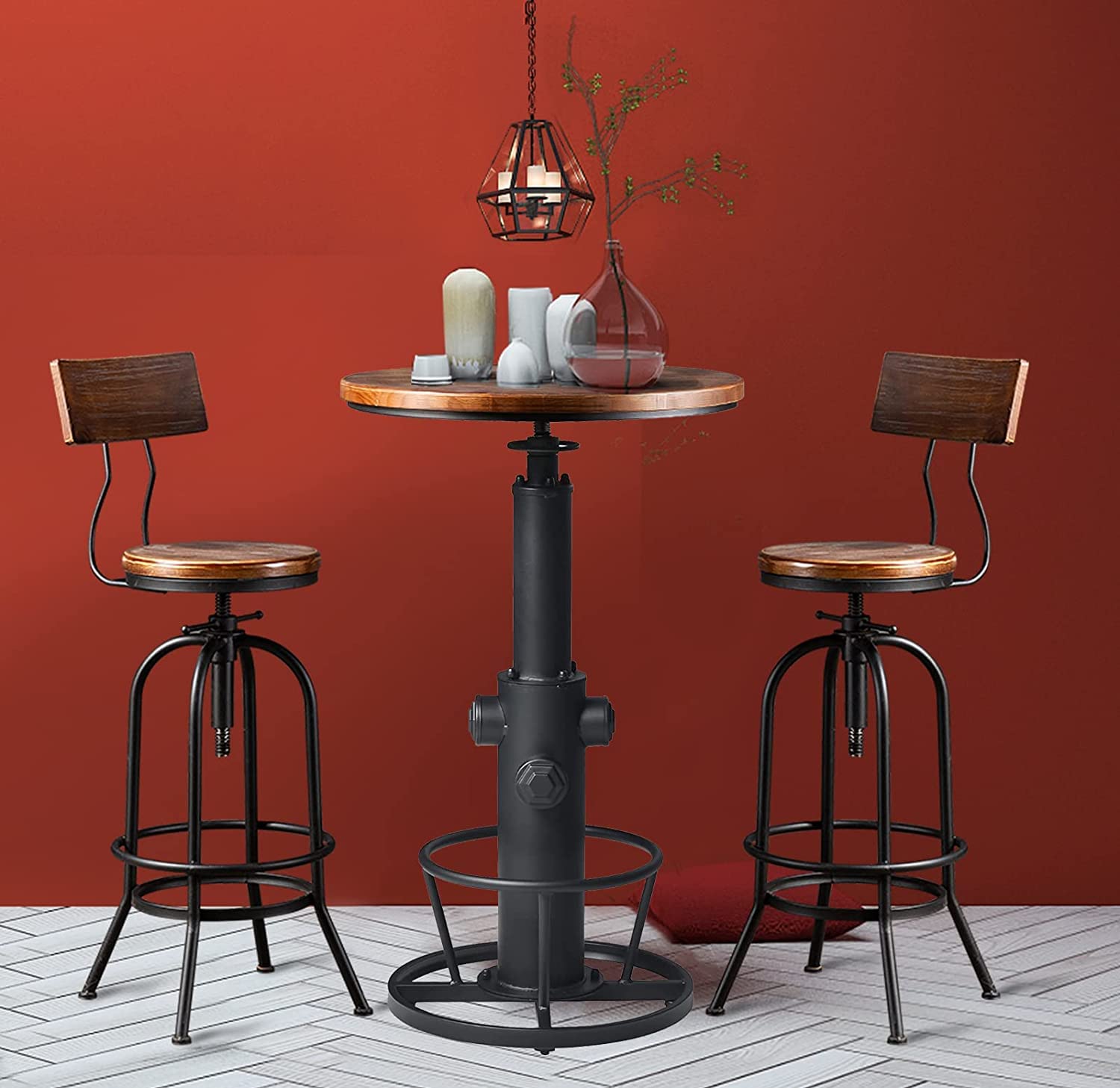 BOKKOLIK Industrial Vintage Height Adjustable Bistro Table with Wooden Top for Kitchen, Dining Room, and Bar Use - WoodArtSupply