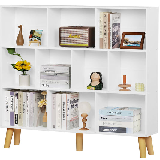 YAHARBO Modern White 10-Cube 3-Tier Bookshelf with Legs for Stylish Storage