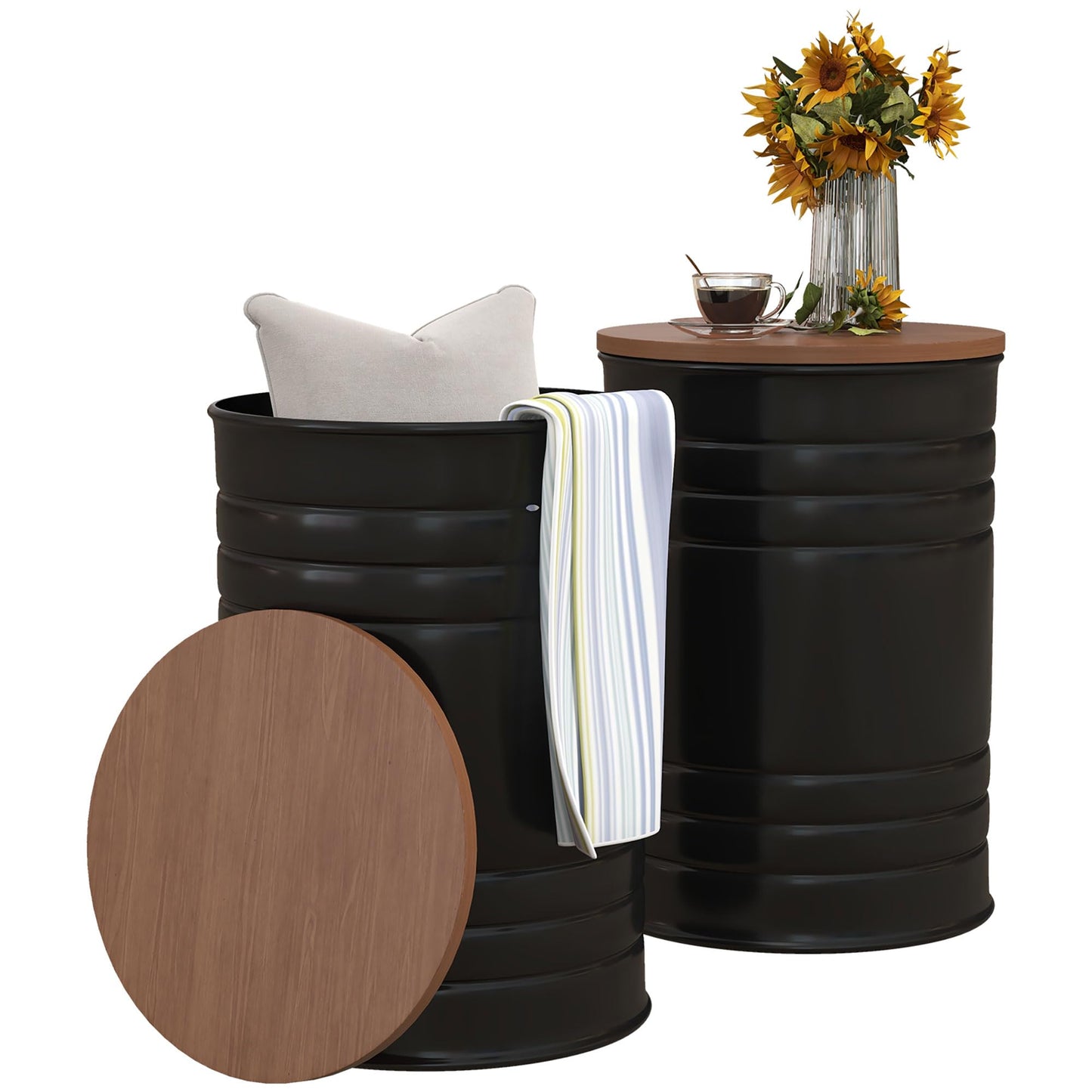 HOMCOM Nesting End Table Set of 2, Round Storage Ottoman Stool with Removable Wood Lid, Metal Frame & Hidden Space, Farmhouse Side Table for Living Room, Black - WoodArtSupply