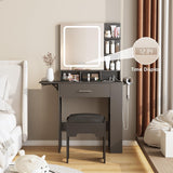 Fameill Vanity Desk with Mirror and Light, Small Vanity with Drawer & Shelves, Black Vanity with Charging Station & Time Display, Vanity Table with Storage Stool, Makeup Vanity for Bedroom Fameill