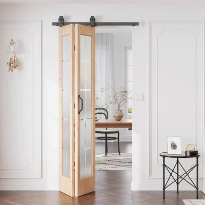 Preassembled Bifold Barn Door 36 x 84 in (Double 18x84in) with Bi-fold Door Hardware Kit, Frosted Glass Cross Transparent, Pre-Drilled Holes, Wood Door Slat, Fit 36in Opening