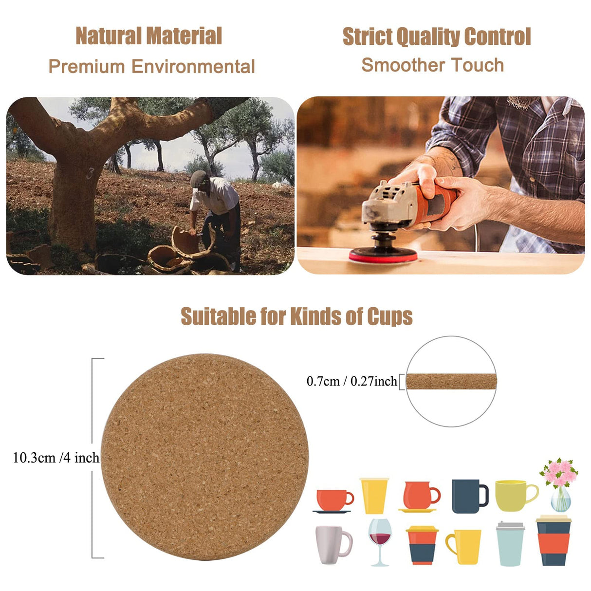 8 Pcs Drink Coasters with Holder, Thicker Cork Coasters for Drinks Absorbent for Coffee Table Wooden Coaster Set Tabletop Protection Cup Mat Bar Kitchen Living Room House Home Decor Housewarming Gift Adorever