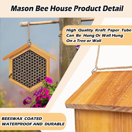 Mason Bee House Wax Coated Bee House，Carpenter Bee Hotel for The Garden,Pollinator House Waterproof, Natural Handmade Wooden Mason Bee Hotel for Pollinating Bees Garden Supplies,Attracts Peaceful Bee POLLIBEE