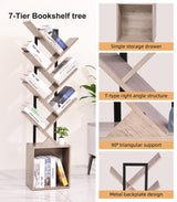 YSVCO Tree Bookshelf Bookcase with Storage Cabinet, 7-Tier Modern Corner Bookshelves, Narrow Wood Book Rack, Mini Floor Standing Book Organizer for Kid Room, Bedroom, Living Room, Home Office, CD/DVD YSVCO