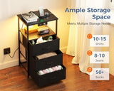 Casaottima BlackNight Stand with Light Strip andCharging Station — USB Ports & Power Outlets, Small Nightstand with 3 Fabric Drawers and Open Shelf, Bedside Table for Bedroom Casaottima