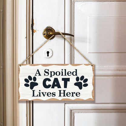 A Spoiled Cat Lives Here Wooden Hanging Sign Plaque, Wall Decor Sign With Personalized Quotes, Rustic Wood Sign Wall Art for Home Garden Yard Farmhouse - A29 - WoodArtSupply