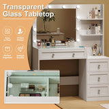 YaoYaoJia Vanity Desk with Mirror and Lights, 39.4" White Makeup Vanity with Glass Top,Dressing Table with 4 Drawers,Charging Station, 3 Lighting Modes for Women Bedroom YaoYaoJia