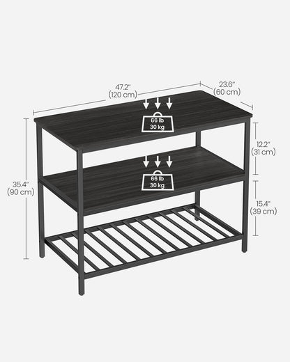 VASAGLE Kitchen Island with 3 Shelves, 47.2 Inches Width Kitchen Shelf with Large Worktop, Stable Steel Structure, Industrial, Easy to Assemble, Ebonised Oak and Black UKKI001B42