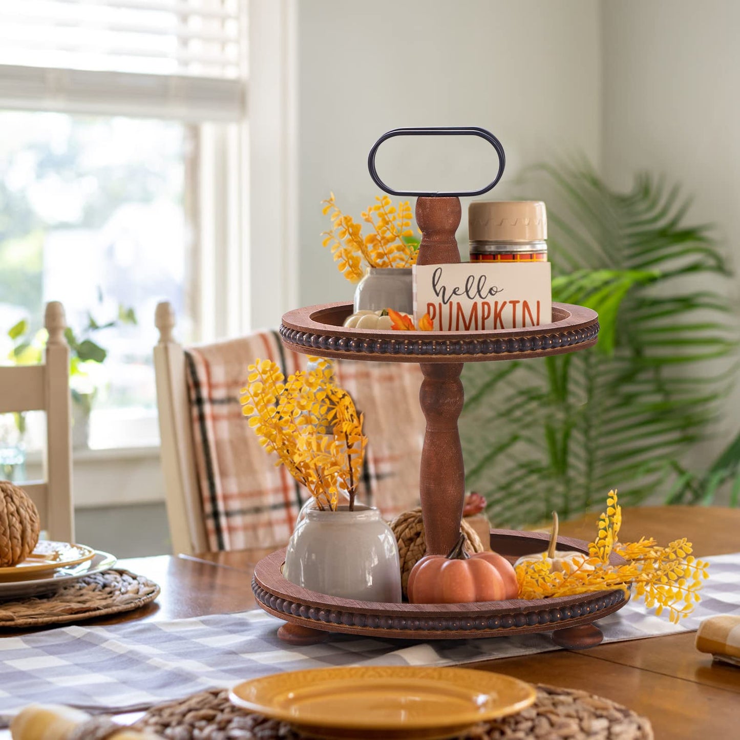 Urban Deco Wooden Decorative Tray Two Tiered Tray Decorations Round Serving Tray with Metal Handle, Wooden Cupcake Stand for Party Tiered Dessert Stand - Dark Brown Farmhouse Wooden Tray - WoodArtSupply