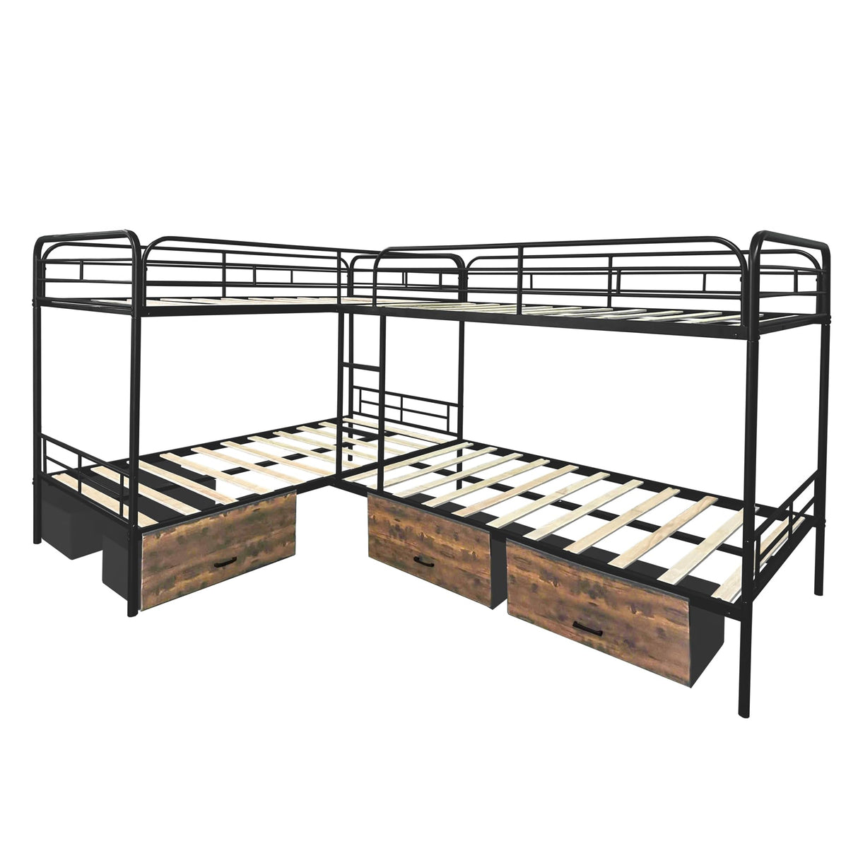 PVWIIK L-Shaped Quad Bunk Bed with Storage Drawers for 4 Kids,Quad Bunk Bed Frame with Built-in Ladder & Full-Length Guardrails,Easy to Assemble,Space Saving, Black PVWIIK