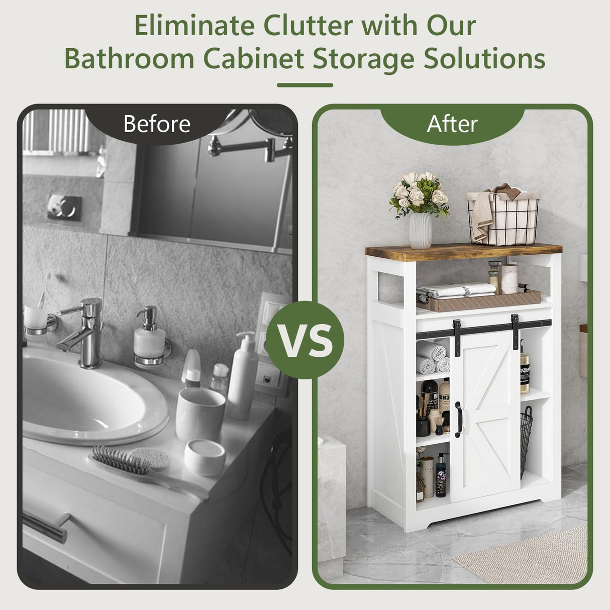 Vabches Bathroom Floor Cabinet, Small Storage Cabinet with Sliding Door, Adjustable Shelf, Farmhouse Storage Cabinet for Bathroom, Kitchen, Living Room, Rustic Style Cabinet, White Vabches