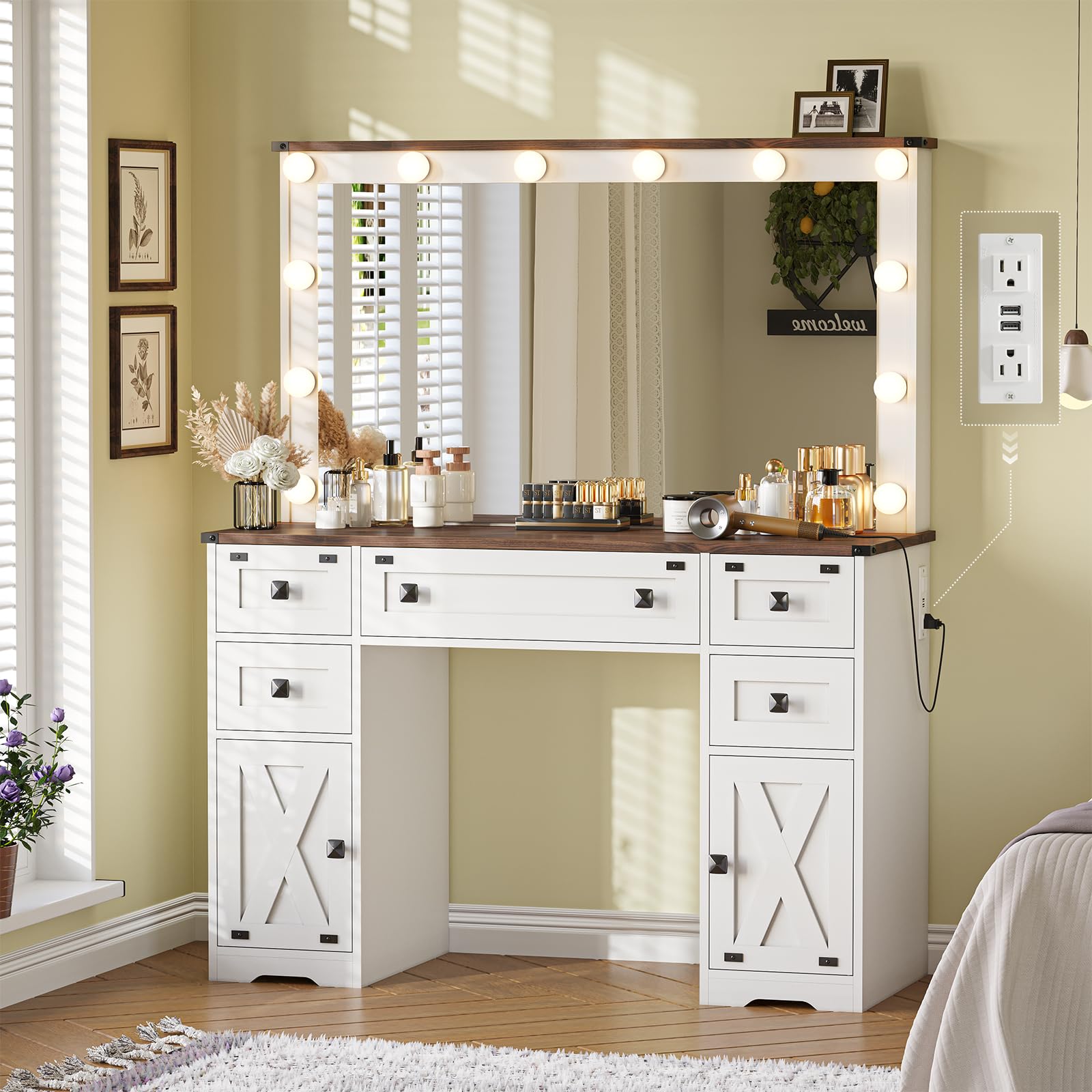 Hasuit Farmhouse Vanity Desk with LED Lights Mirror & Power Outlet 43'' Makeup Vanity Table with 5 Drawers & 2 Cabinets, Dressing Table for Bedroom,3 Color Lighting Modes Adjustable Brightnes - WoodArtSupply