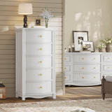 UPOSOJA AuraCurve Tall 5-Drawer Chest, Elegant Dresser with Five Arc Fronts, Roman Column Decor, Slim Floor Standing Storage Cabinet, 48.6x23.6x15.7 Inches(White, 5 Drawer) UPOSOJA