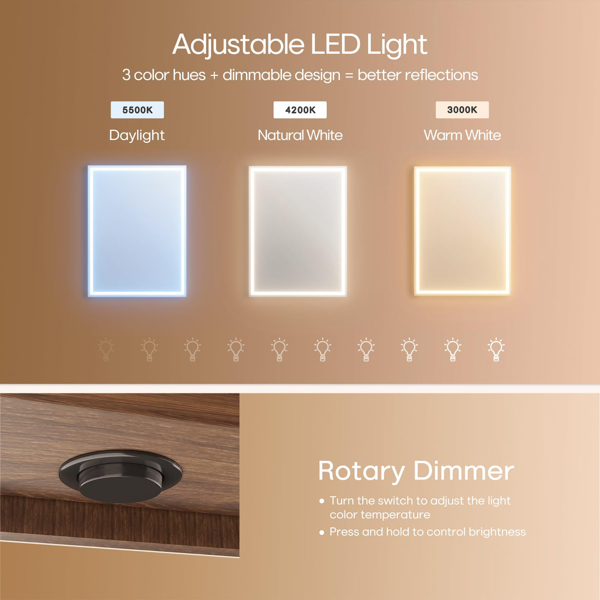 Réflexon 28x20 inch LED Lighted Medicine Cabinet with Mirror, Moisture-Resistant Wood, Stepless Dimmable, 3000K/5500K, Defogger, Adjustable Shelf, Flat-Pack Design – Assembly Required (Walnut) Réflexon