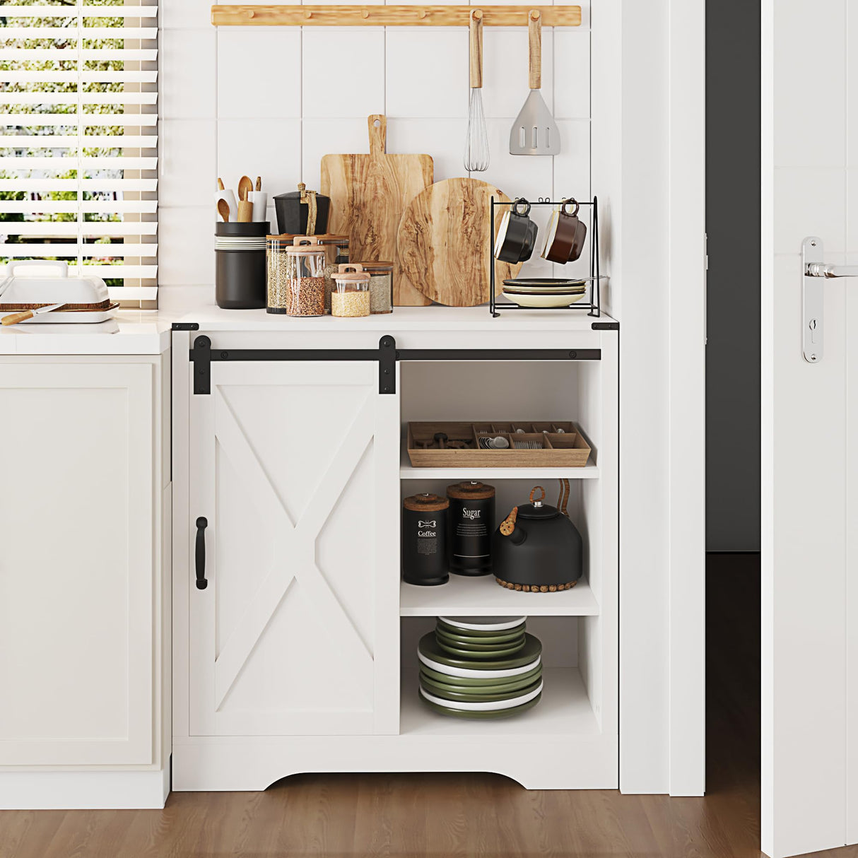 HEYNEMO Farmhouse Coffee Bar Cabinet with Sliding Barn Door, 32" H Accent Cabinet with 2 Drawers and Removable Partitions, Wooden Rustic Buffet Sideboard Storage Cabinet for Living Room, White HEYNEMO