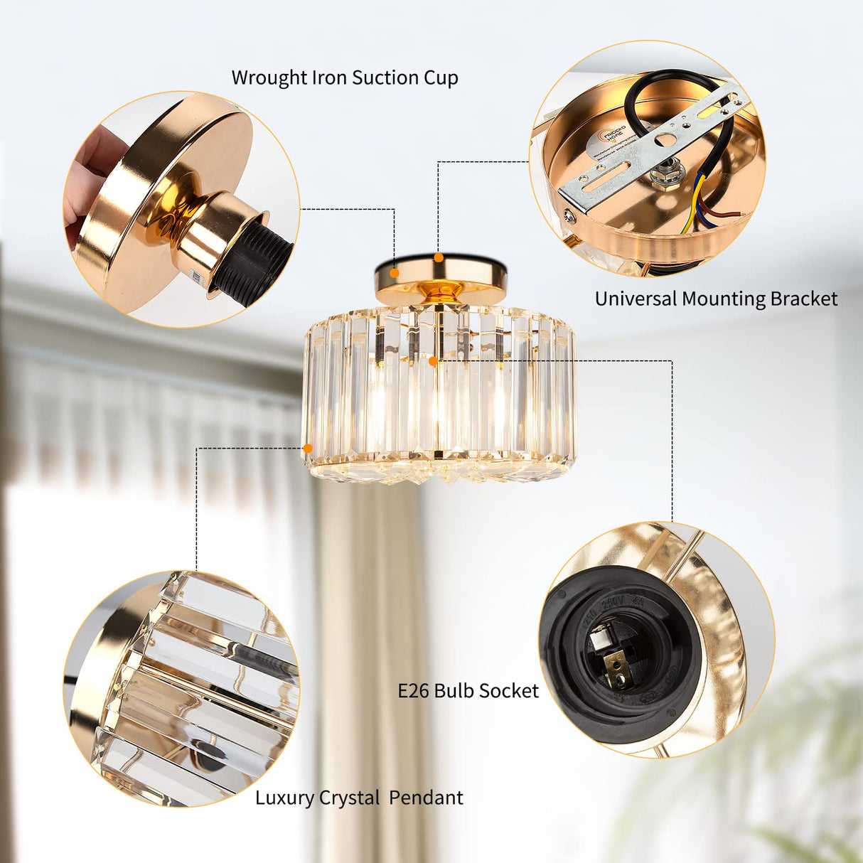 Semi Flush Mount Ceiling Light - Crystal Chandelier Modern Ceiling Light Fixture Hallway Light Fixtures Ceiling Gold Flush Mount Ceiling Light for Porch Kitchen Bedroom Living Room Entryway FRIDEKO HOME