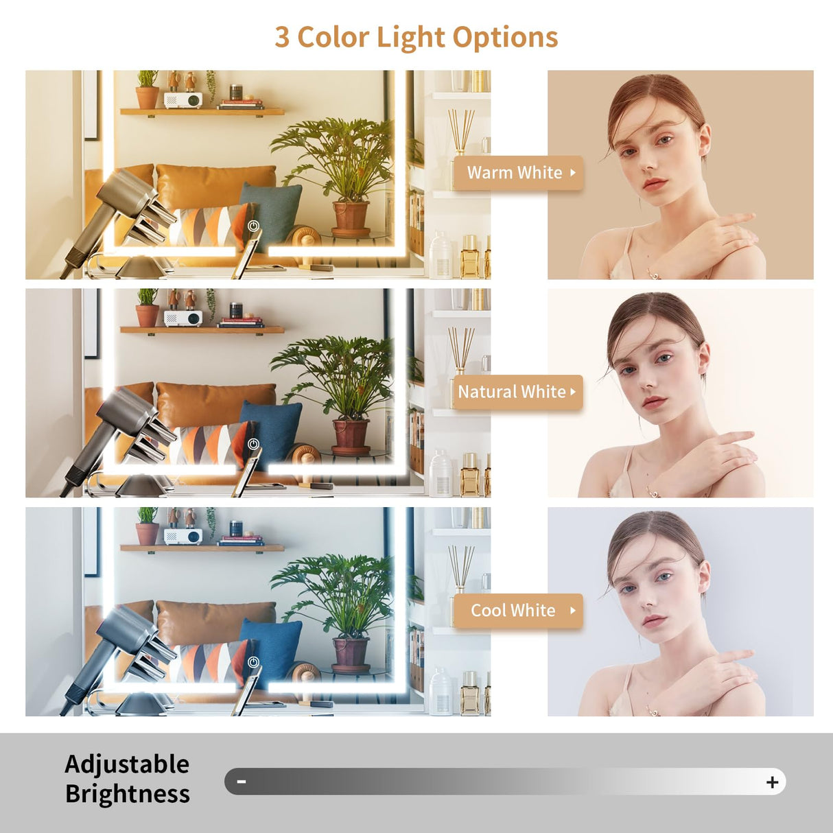 VOWNER Vanity with Lighted Mirror - 47" Makeup Vanity Desk with 7 Drawers, 3 Storage Shelves and Outlet, 3 Color Lighting Modes with Adjustable Brightness, Makeup Desk with Stool for Bedroom, White VOWNER