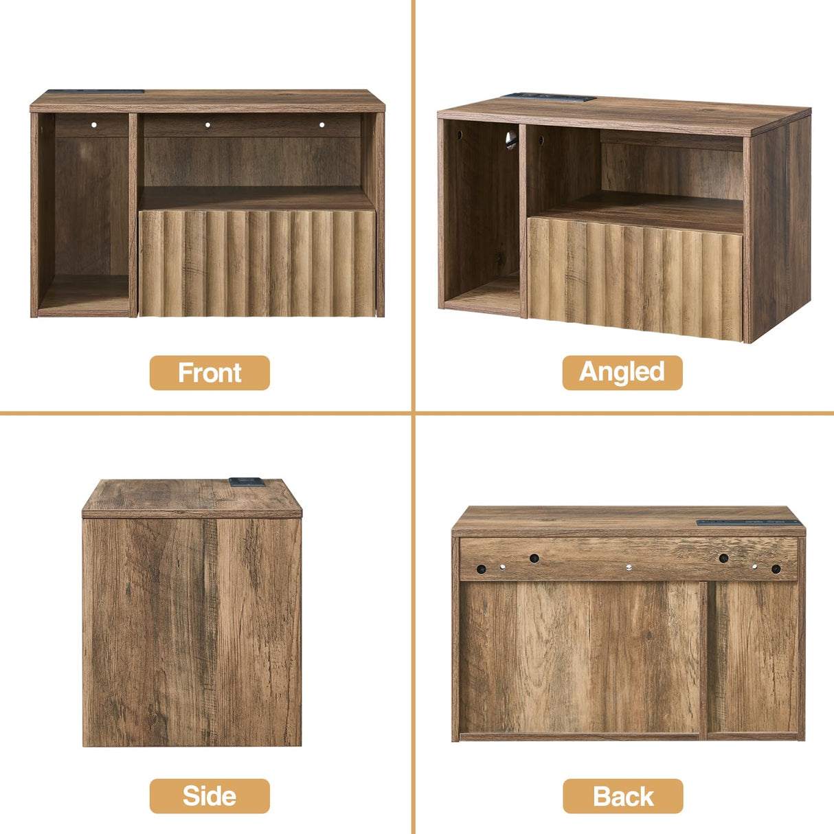 BuildHom Floating Nightstand with Charging Station - Modern Rustic Brown Fluted Bedside Table with Drawer, USB Ports & Outlets (Set of 2) BuildHom