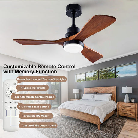 BOJUE 42 Inch Black Ceiling Fans with Lights and Remote,3 Color LED Light,Quite Reversible DC Motor,Memory Function,Modern Solid Wood Indoor Outdoor Ceiling Fan with light for Farmhouse Bedroom Patio BOJUE