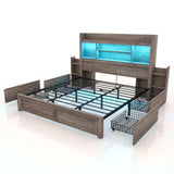 LUXOAK King Bed Frame with 49.6" Bookcase Headboard & 2 Bedside Stoage Racks & 4 Drawers, Farmhouse Wood Bed Frame with RGB LED & Charging Station, No Box Spring Needed, Grey LUXOAK