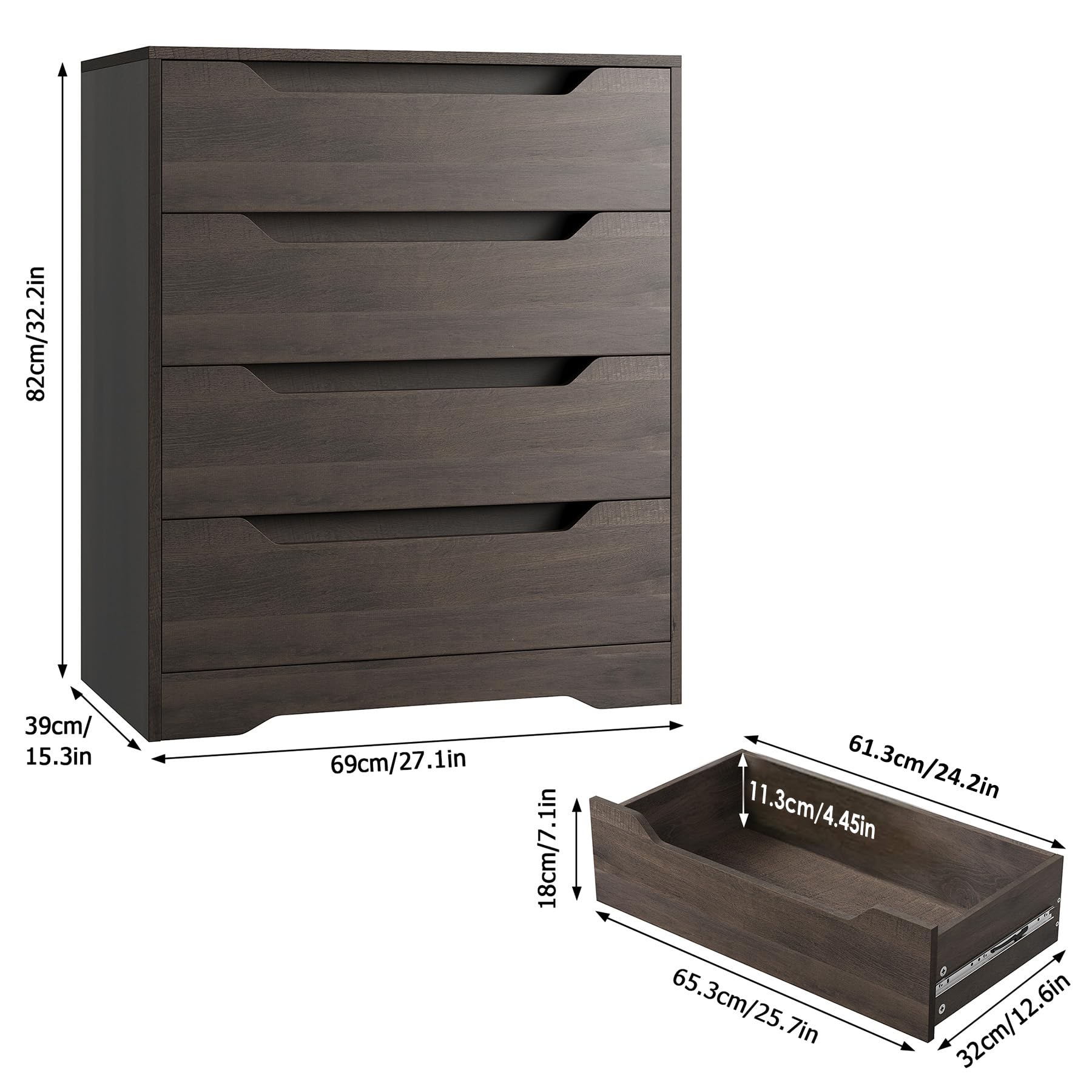 HOSTACK 4 Drawer Dresser with Cut-Out Handles, Accent Cabinet for Living Room, Entryway and Hallway, Dark Brown - WoodArtSupply