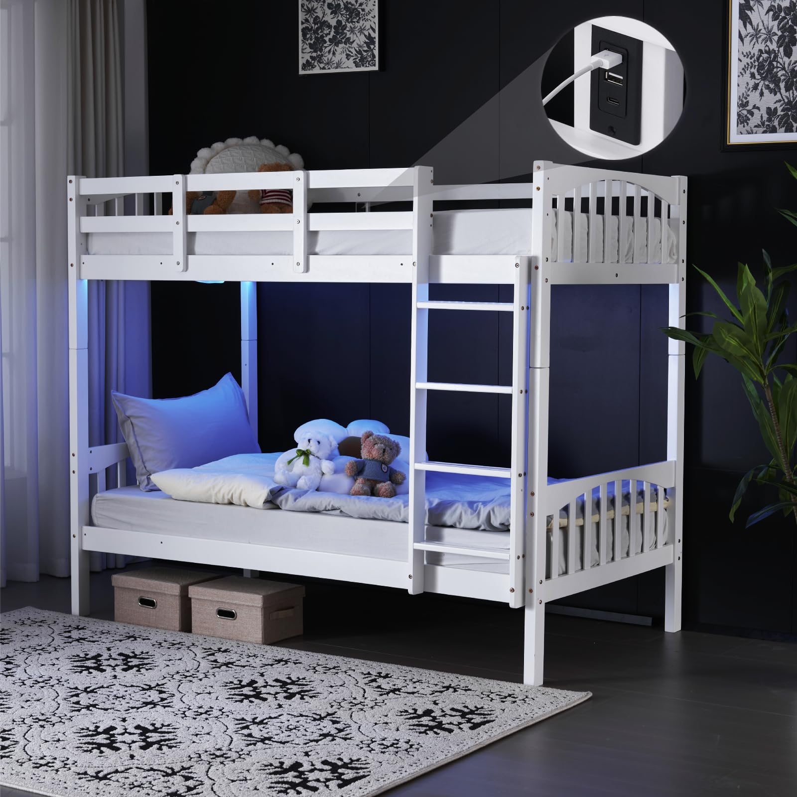 VINGLI Twin Over Twin Bunk Bed with LED Lights and USB Charging Station in White - WoodArtSupply