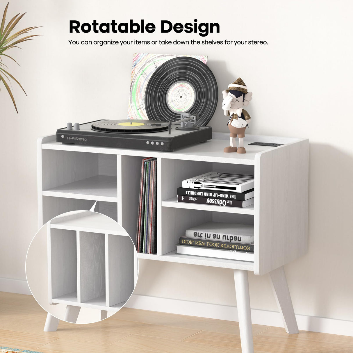 Forevich Record Player Stand Table with Vinyl Storage Holder Large Turntable Record Stand with Power Outlet Holds Up to 220 Albums Display Shelf Cabinet with Wood Legs for Living Room White Forevich