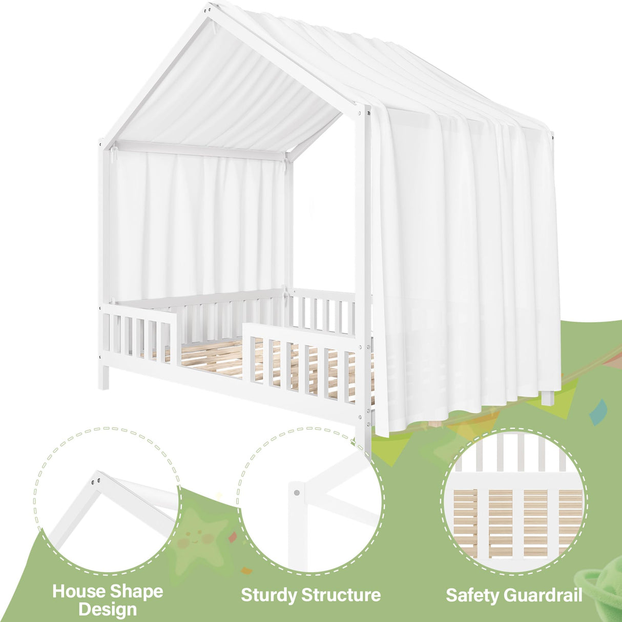 Merax House Shape Full Size Montessori House Bed Wood Floor Bed with Canopy Full Bedframe for Kids No Box Spring Needed White Merax