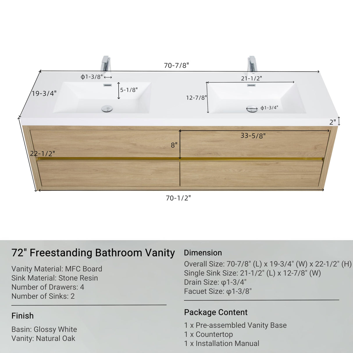 cieloshinerico 72 Inch Floating Bathroom Vanity with Double Sinks, Wall-Mounted Bathroom Storage Cabinet with Stone Resin Countertop and Soft Close Drawers, Natural Oak cieloshinerico