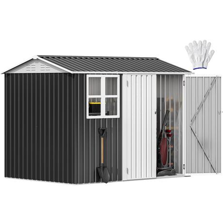 DWVO 8x6ft Metal Tool Shed with Window, Outdoor Storage Shed for Backyard, Lawn, and Patio, Heavy-Duty Storage Unit with Four Vents & Lockable Door for Storing Tools, Equipment, Gray & White DWVO