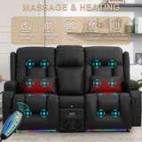 URRED Loveseat Recliner Sofa with Massage and Heat, Power Reclining Loveseat Sofa RV Couch with Console, Home Theater Seating with LED Lights, Bluetooth Speakers, USB, Outlets, Faux Leather, Black URRED
