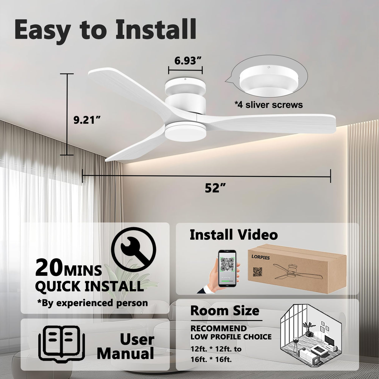 52 Inch Smart Low Profile Ceiling Fans,Solid Wood Outdoor Indoor Ceiling Fan with Lights Remote,WIFI Alexa App Control,Quiet DC Motor,Dimmable LED,Modern Flush Mount Fan for Bedroom Patio,White Lorpies