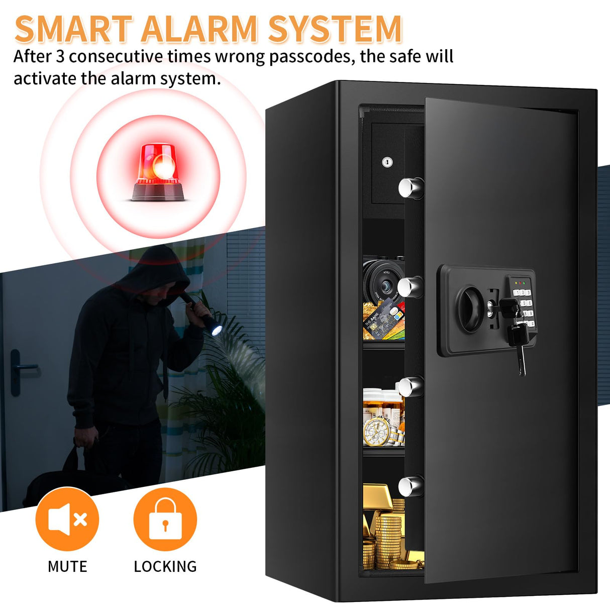 6.0 Cub Large Home Safes Fireproof Wterproof, Anti-theft Fireproof Safe with Programmable Keypad, Spare Keys and Alarm Systerm, Digital Home Security Safe Box for Document Money Medicines Homirxan