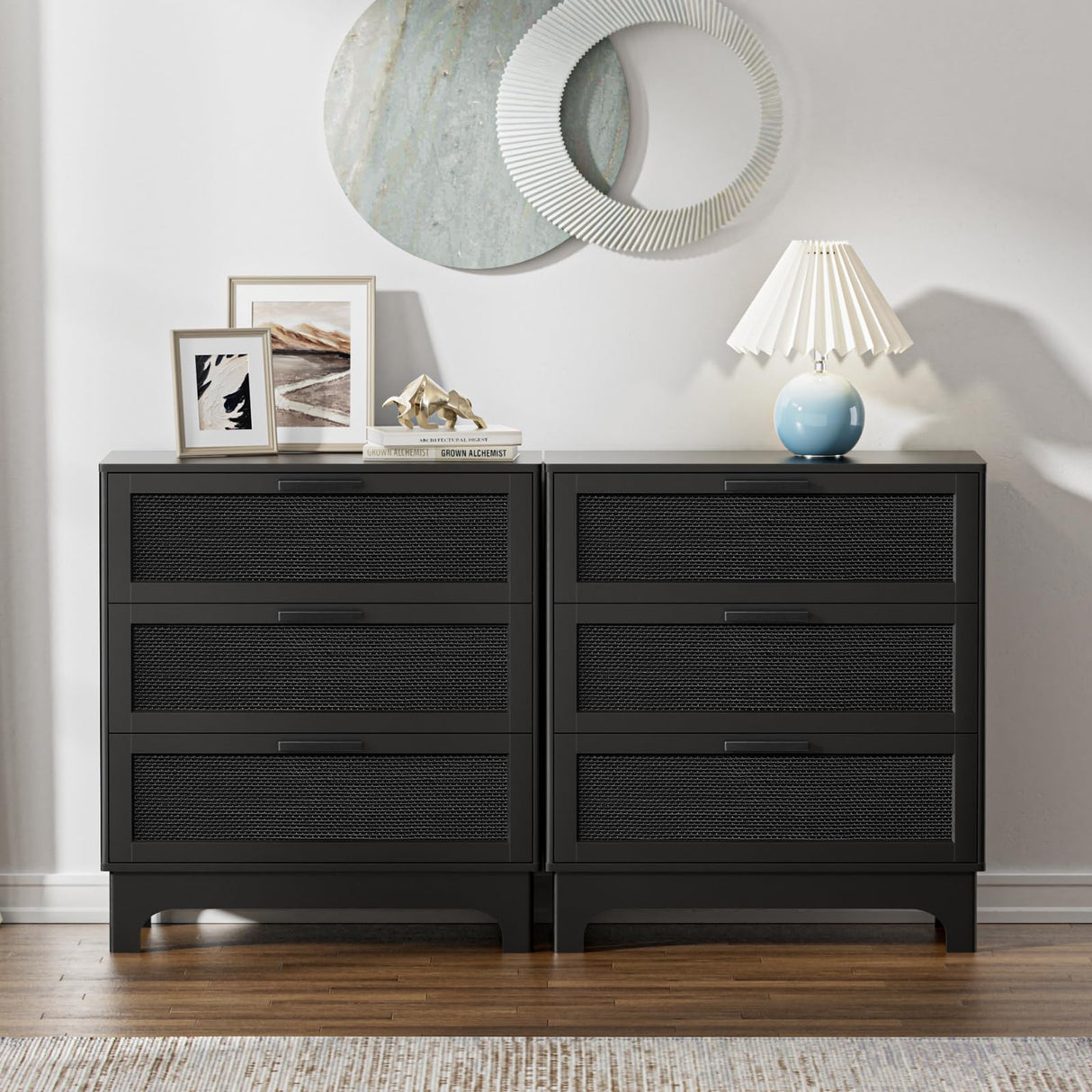 Anmytek 35" H Black Rattan Dresser, Farmhouse 3 Drawer Dresser with Natural Rattan Spacious Chest of Drawers for Living Room, Nursery, Hallway H0096 Anmytek
