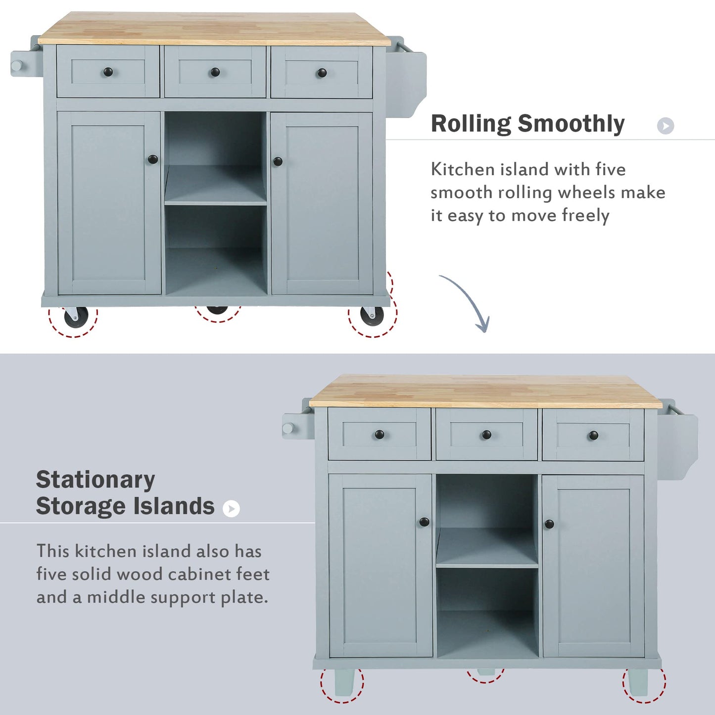 Rockingrun Blue Kitchen Cart with Drop-Leaf Rubber Wood Countertop, 5 Wheels, Storage Cabinets & Drawers - WoodArtSupply