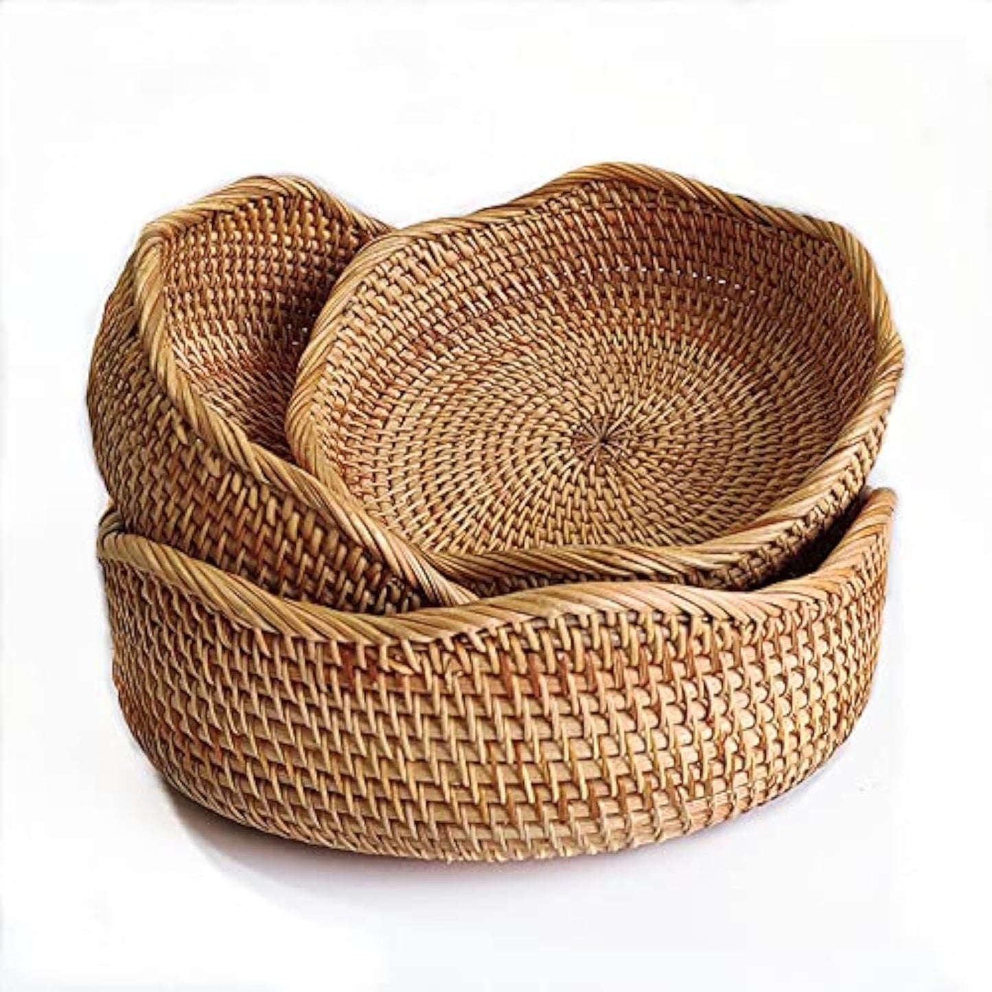 YANGQIHOME Rattan Bread Basket, Round Fruit Baskets, Wicker Storage Bowls, Natural Woven Serving Basket Bowls, Decorative Baskets for Kitchen Counter Organizing, Gift Basket, Set of 3