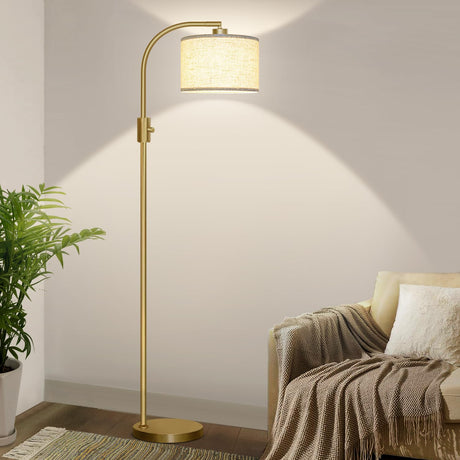 【Upgraded】 Dimmable Gold Floor Lamp, 1200 Lumens LED Bulb Included, Arc Floor Lamps for Living Room Modern Standing Lamp with Linen Shade, Tall Lamp for Living Room Bedroom Office Reading Room Nursery Nintiue