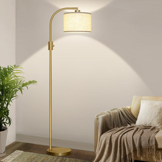 【Upgraded】 Dimmable Gold Floor Lamp, 1200 Lumens LED Bulb Included, Arc Floor Lamps for Living Room Modern Standing Lamp with Linen Shade, Tall Lamp for Living Room Bedroom Office Reading Room Nursery