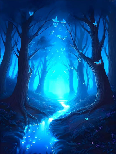 KAYEIUU 5D Blue Glow in The Dark Forest Diamond Painting Kits for Adults, DIY Landscape Diamond Art Kits, Round Full Drill Gem Arts and Crafts Kits, for Home Wall Decor Gifts 12x16 inch