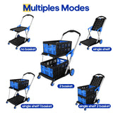 Multifunctional Folding Cart with Wheels,Two Layers Collapsible Utility Cart for Groceries,Office,Warehouse,Supermarket, Double Layer Foldable Shopping Cart(Blue),Collapsible Handcart Heavy Duty FAHKNS