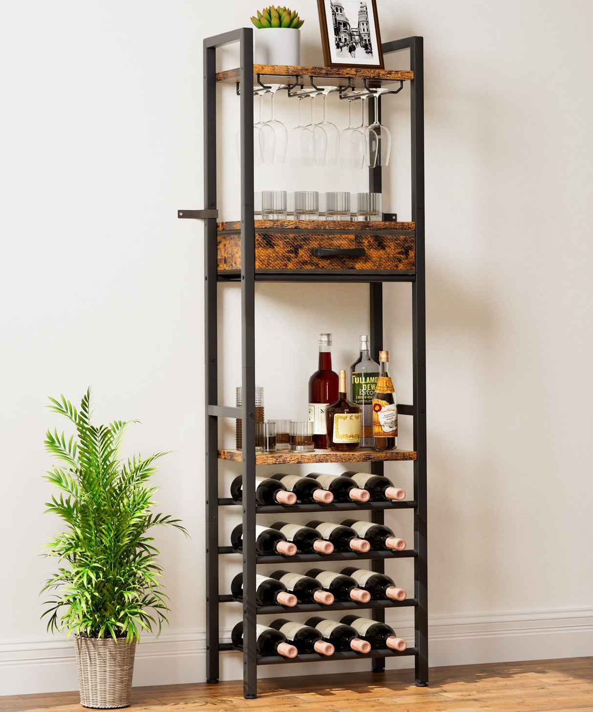 Vilaxing Wine Rack Freestanding Floor, Liquor Bar Cabinet with Storage Drawer, 4-Tier Bottle and 3-Row Glass Holder with Tabletop for Home Kitchen Living Room Vilaxing