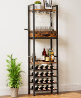 Vilaxing Wine Rack Freestanding Floor, Liquor Bar Cabinet with Storage Drawer, 4-Tier Bottle and 3-Row Glass Holder with Tabletop for Home Kitchen Living Room Vilaxing