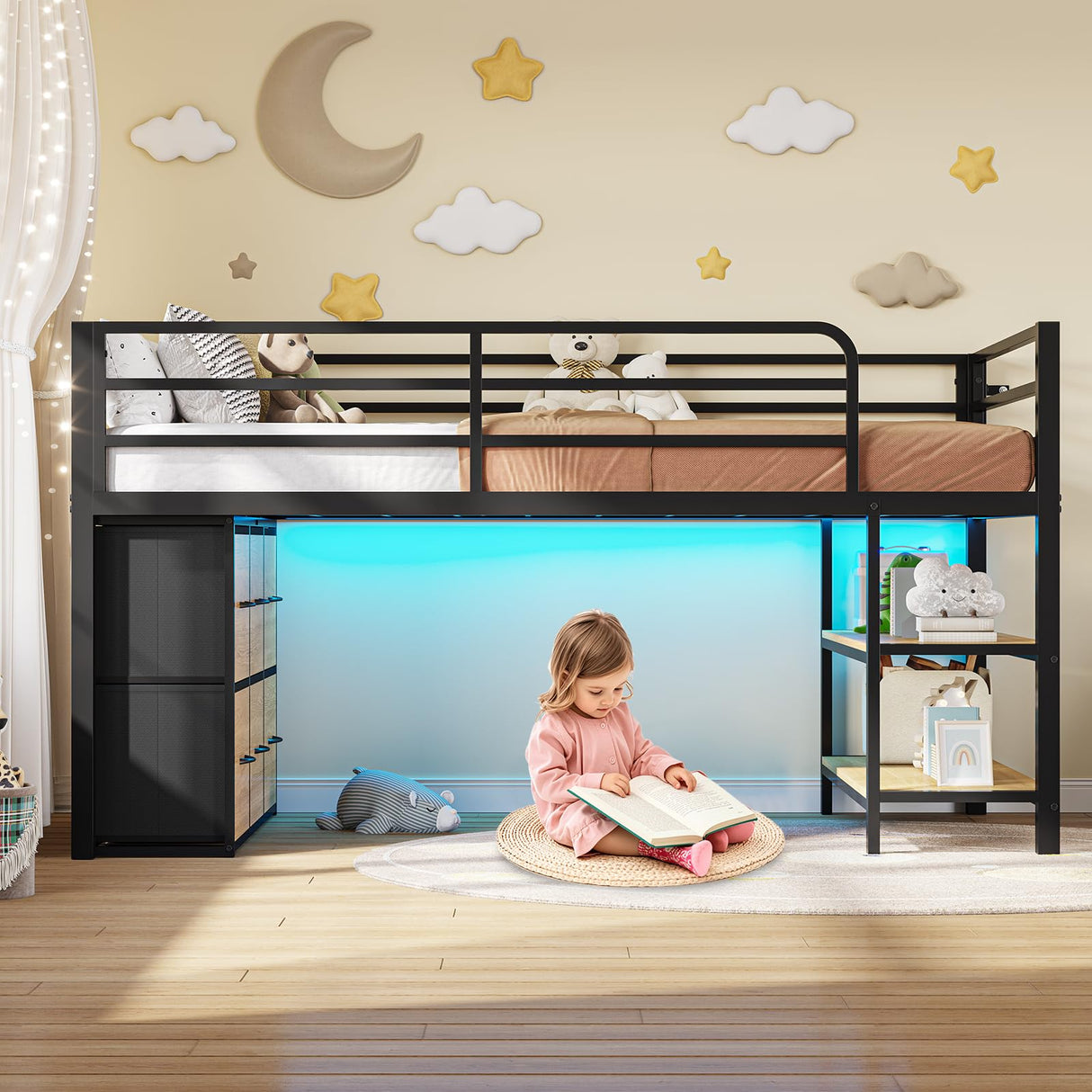 BTHFST Twin Size Low Loft Bed with 6 Fabric Storage Drawers, Metal Loft Bed Twin with LED Lights & Open Storage Shelves, 15" H Safety & Guardrail Stairs Loft Bed for Kids, Black & Natural BTHFST