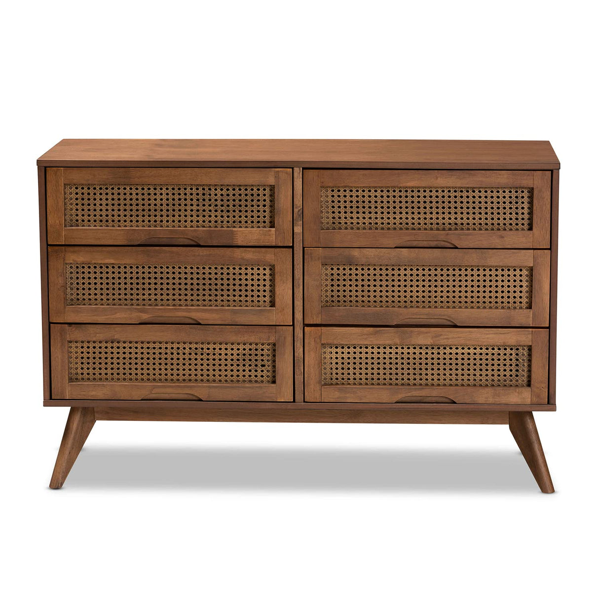 Baxton Studio Barrett Mid-Century Modern Walnut Brown Finished Wood and Synthetic Rattan 6-Drawer Dresser Baxton Studio