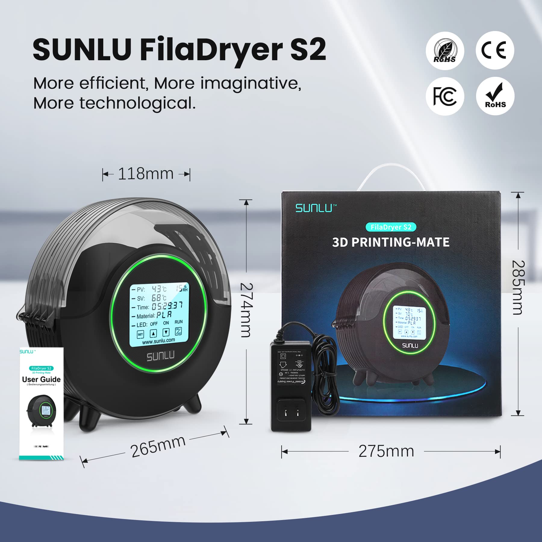 [with Fan] SUNLU Official 3D Printer Filament Dryer S2, Filament Storage Dehydrator for 3D Printing, Built-in Fan, Dryer Box S2 for PLA Nylon PA ABS PETG 1.75 2.85 3.00mm, Black - WoodArtSupply