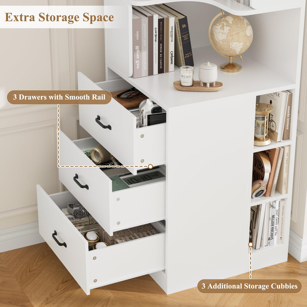 FACBOTALL 76.8” Corner Bookshelf with 3 Drawers and 3 Side Storage Cubbies, L Shaped Tall Bookshelf and Bookcase, 4 Tier Corner Bookcase, Wood Narrow Book Shelf for Living Room, Office, White FACBOTALL