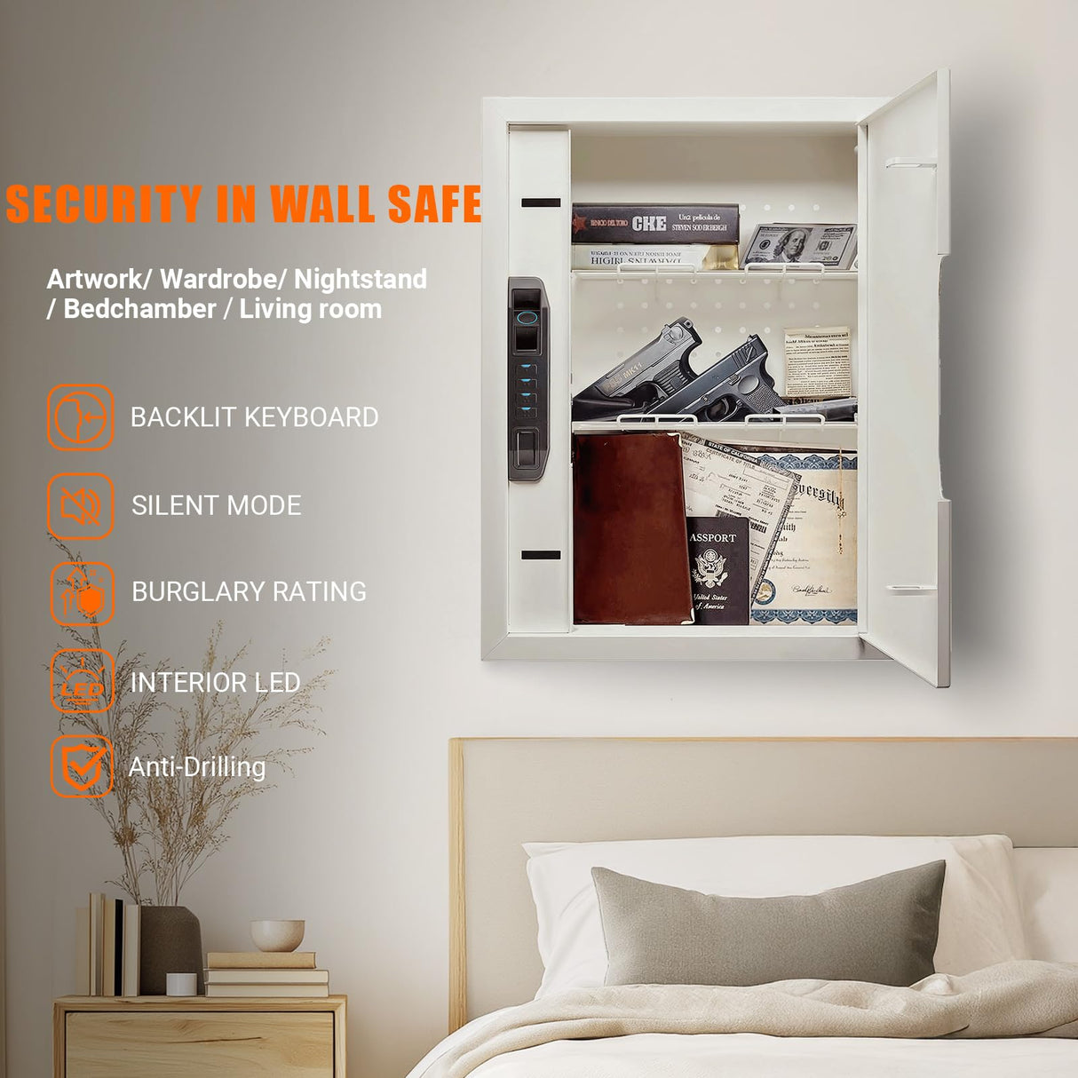 MAXSAFES Wall Gun Safe with Super Finger Vein Recognition Lock Electronic Hidden Safe with Removable Pegboard & Shelfs, Wall Safes Between the Studs for Handguns, Valuables, Home or Business MAXSafes