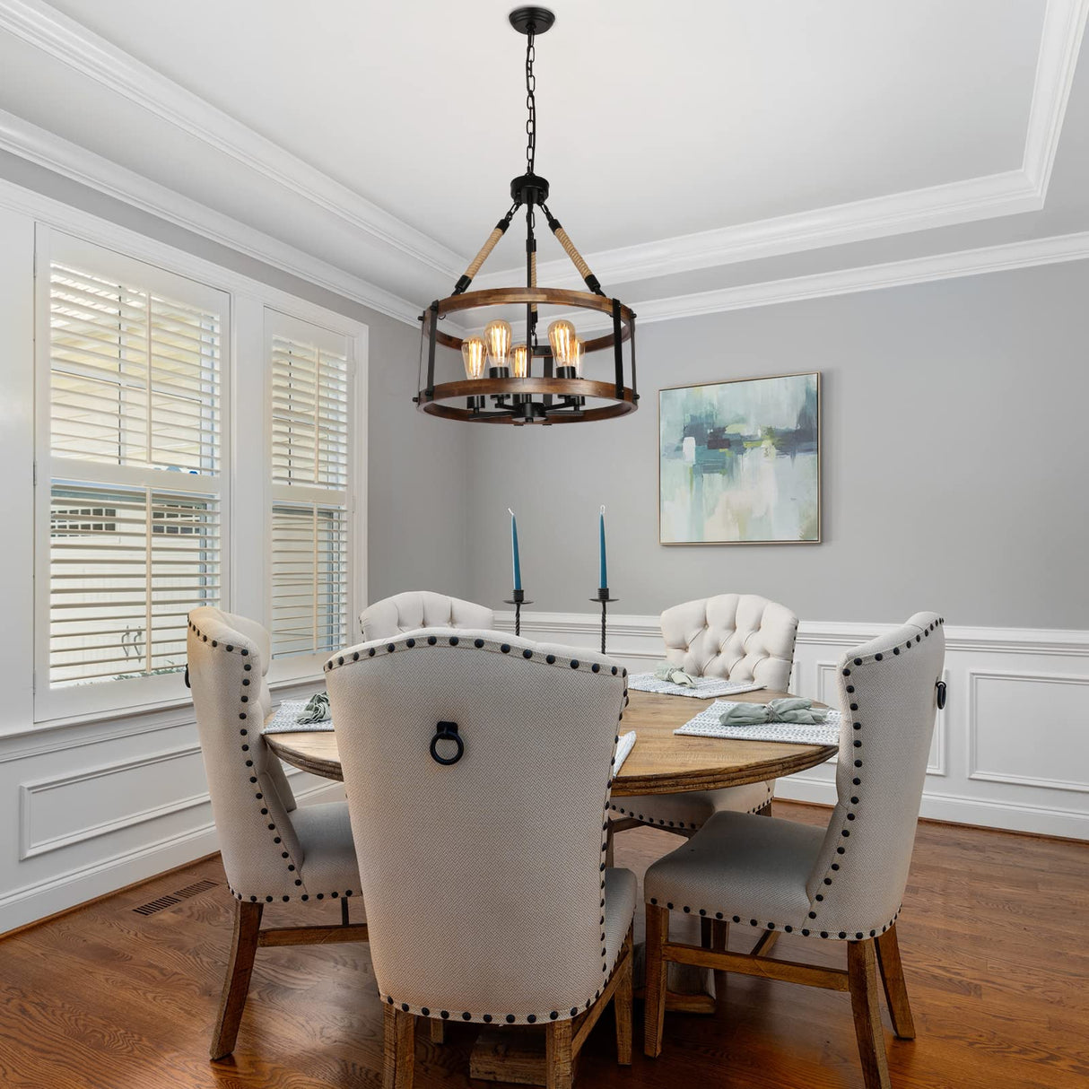 Voguad Rustic Wood Chandelier for Dining Room 5-Light, Kitchen Island Industrial Pendant Light Vintage Hanging Dining Room Farmhouse Light Fixtures Voguad