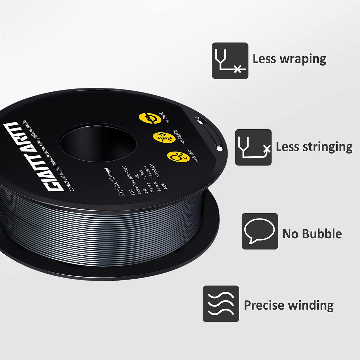 GIANTARM Silver PETG 3D Printer Filament Toughness Enhanced 1kg (2.2lbs), 1.75mm Dimensional Accuracy +/-0.03mm, 1080 Feet（330m/Roll, Vacuum Package, Fit for Most 3D FDM Printer GIANTARM