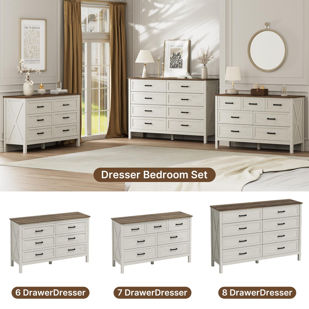 LYNSOM Farmhouse 8 Drawer Dresser for Bedroom, 55 Inch Wide Wood Rustic Chest of Drawers with X-Marking & Bar Handle, Large Storage Dressers Organizer for Bedroom, Living Room, Antique White LYNSOM